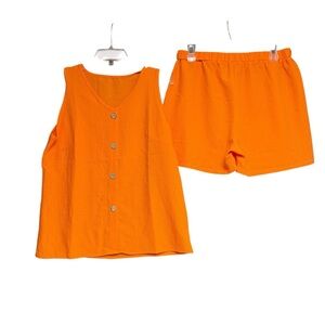 Temu size large Vibrant Orange faux Button-Up Tank and Shorts Set